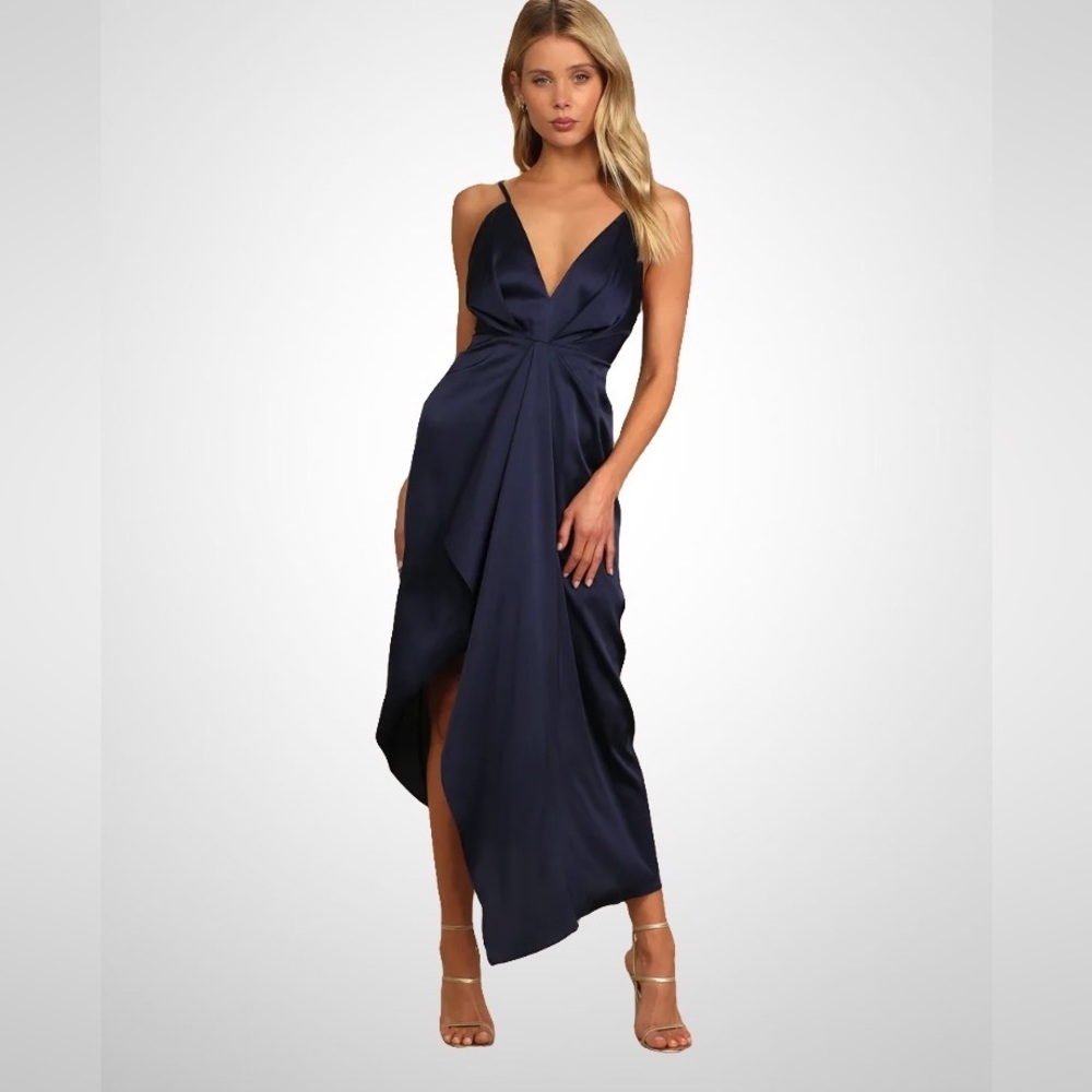 Caught Feelings Navy Blue Satin Ruffled Midi Dress LuLus